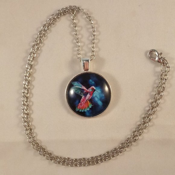Silver Mystical Hummingbird Cabochon Pendant Chain Necklace Party Gift - Picture 3 of 3
